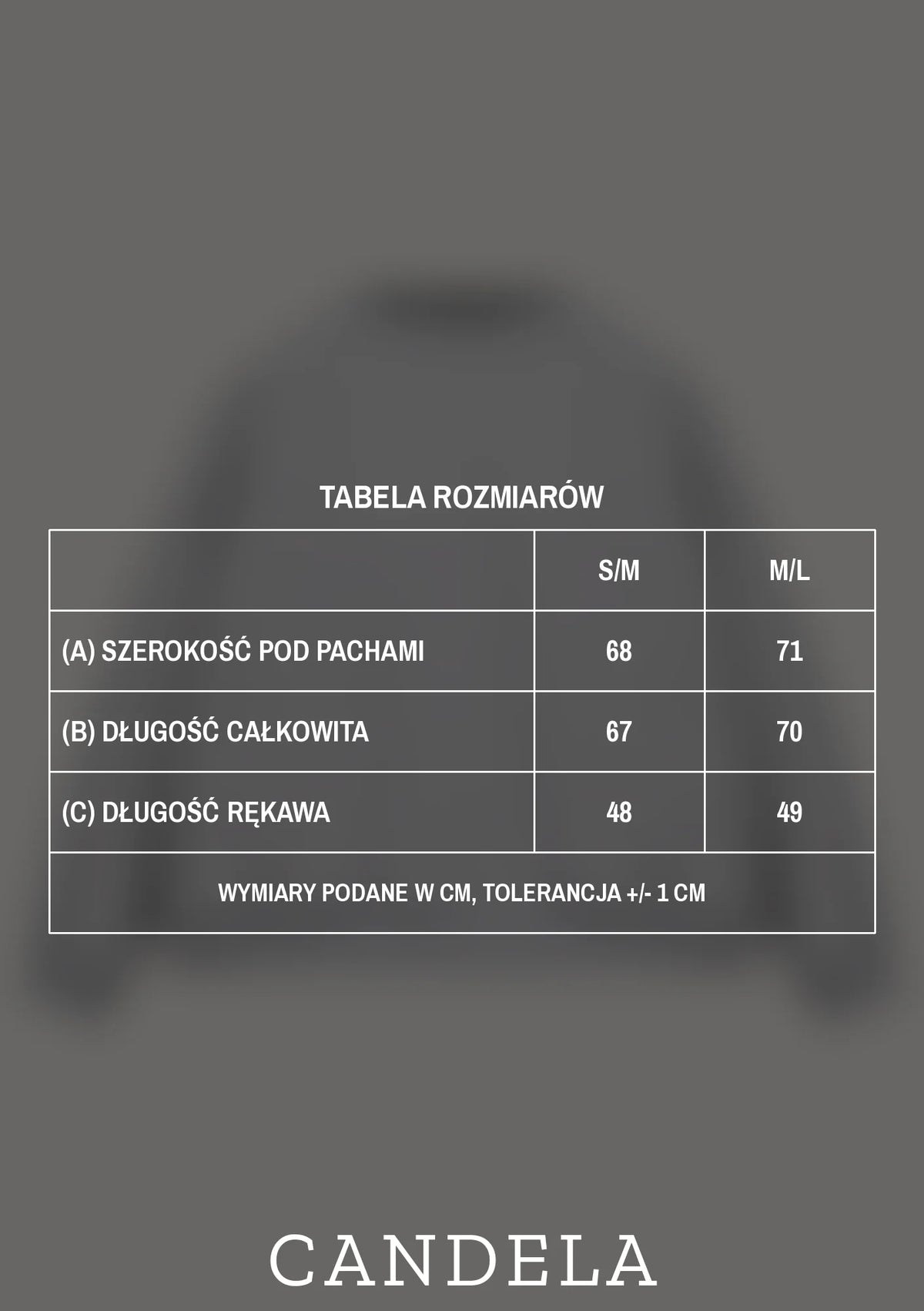 Tabela rozmiarów bluzy damskiej oversize Melanie szary melanż CANDELA - rozmiary S/M i M/L