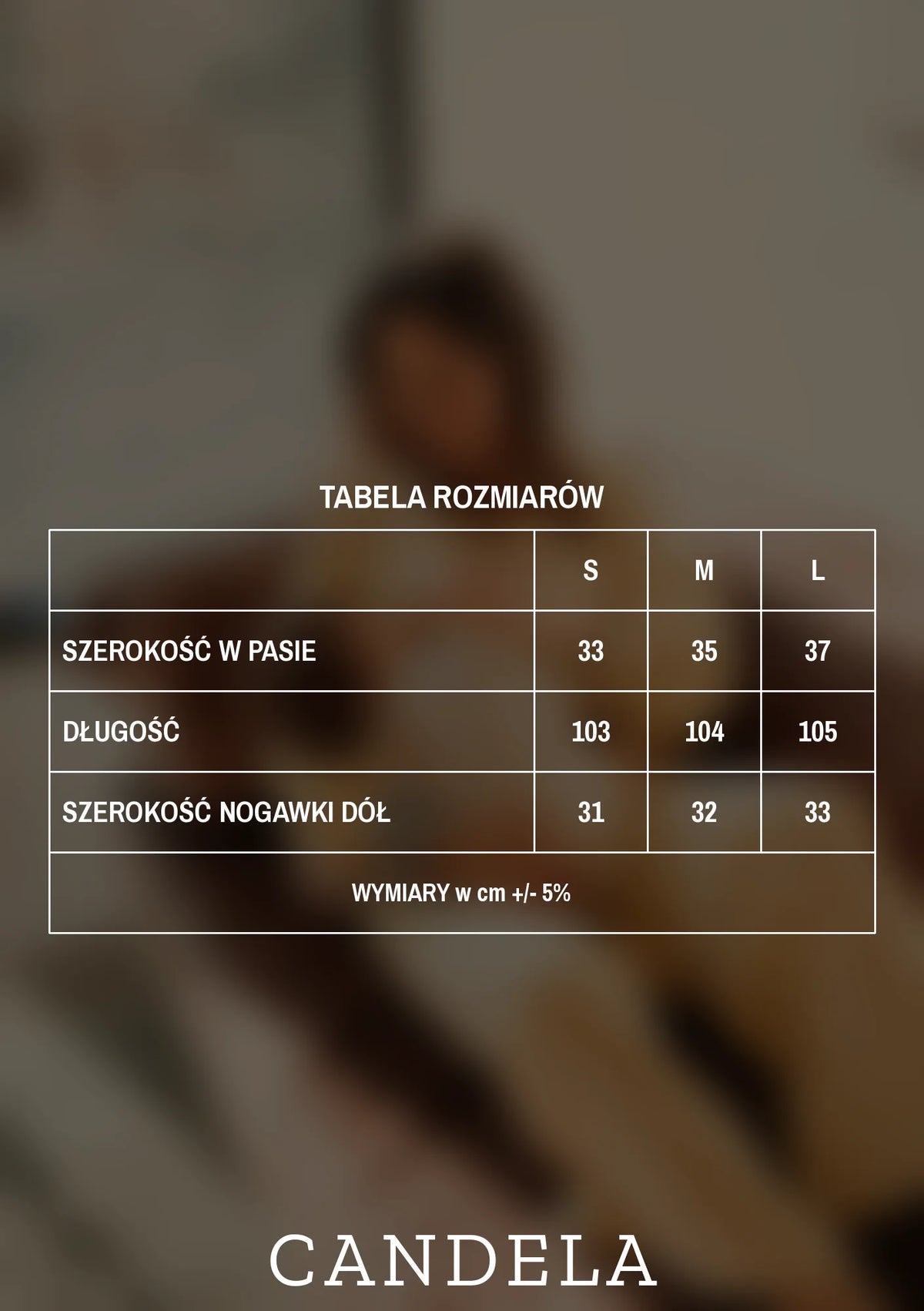 Tabela rozmiarów szerokich spodni dresowych bananowych – szerokość w pasie, długość i szerokość nogawki dla rozmiarów S, M i L