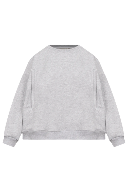 Bluza do karmienia piersią w kolorze szary melanż z ukrytymi zamkami w przednich szwach i kieszeniami, przód