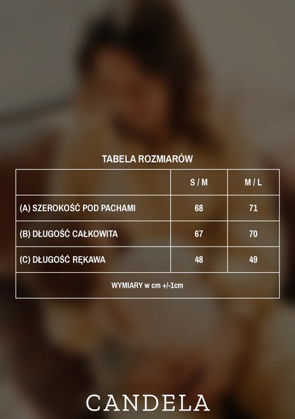 Tabela rozmiarów bananowej bluzy damskiej Melanie mama. – szerokość pod pachami, długość całkowita i długość rękawa dla rozmiarów S/M i M/L