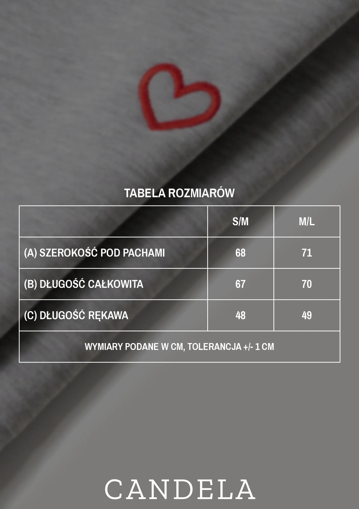 Tabela rozmiarów szarej bluzy do karmienia Melanie z sercem - szerokość pod pachami, długość całkowita i długość rękawa dla rozmiarów S/M i M/L