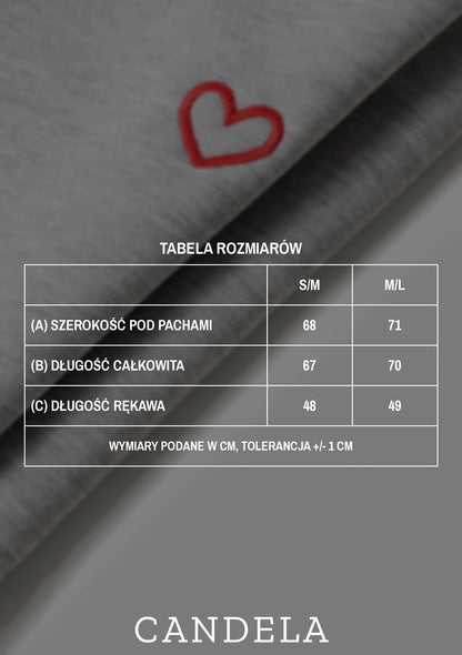 Tabela rozmiarów szarej bluzy do karmienia Melanie z sercem - szerokość pod pachami, długość całkowita i długość rękawa dla rozmiarów S/M i M/L