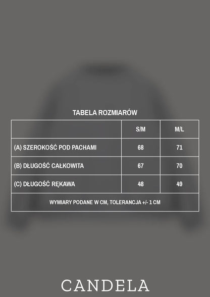 Tabela rozmiarów bluzy damskiej oversize Melanie szary melanż CANDELA - rozmiary S/M i M/L