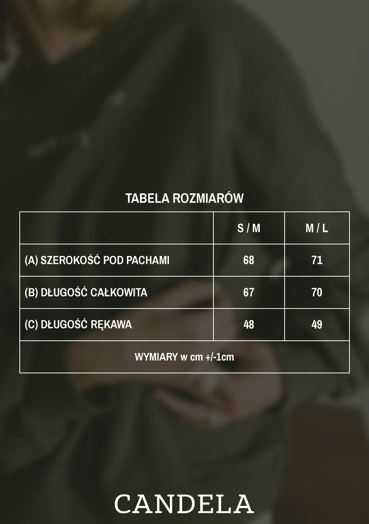 Tabela rozmiarów khaki bluzy do karmienia Melanie Here comes the MOM – szerokość pod pachami, długość całkowita i długość rękawa dla rozmiarów S/M i M/L
