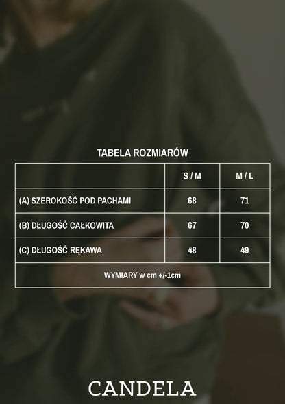 Tabela rozmiarów khaki bluzy do karmienia Melanie Here comes the MOM – szerokość pod pachami, długość całkowita i długość rękawa dla rozmiarów S/M i M/L