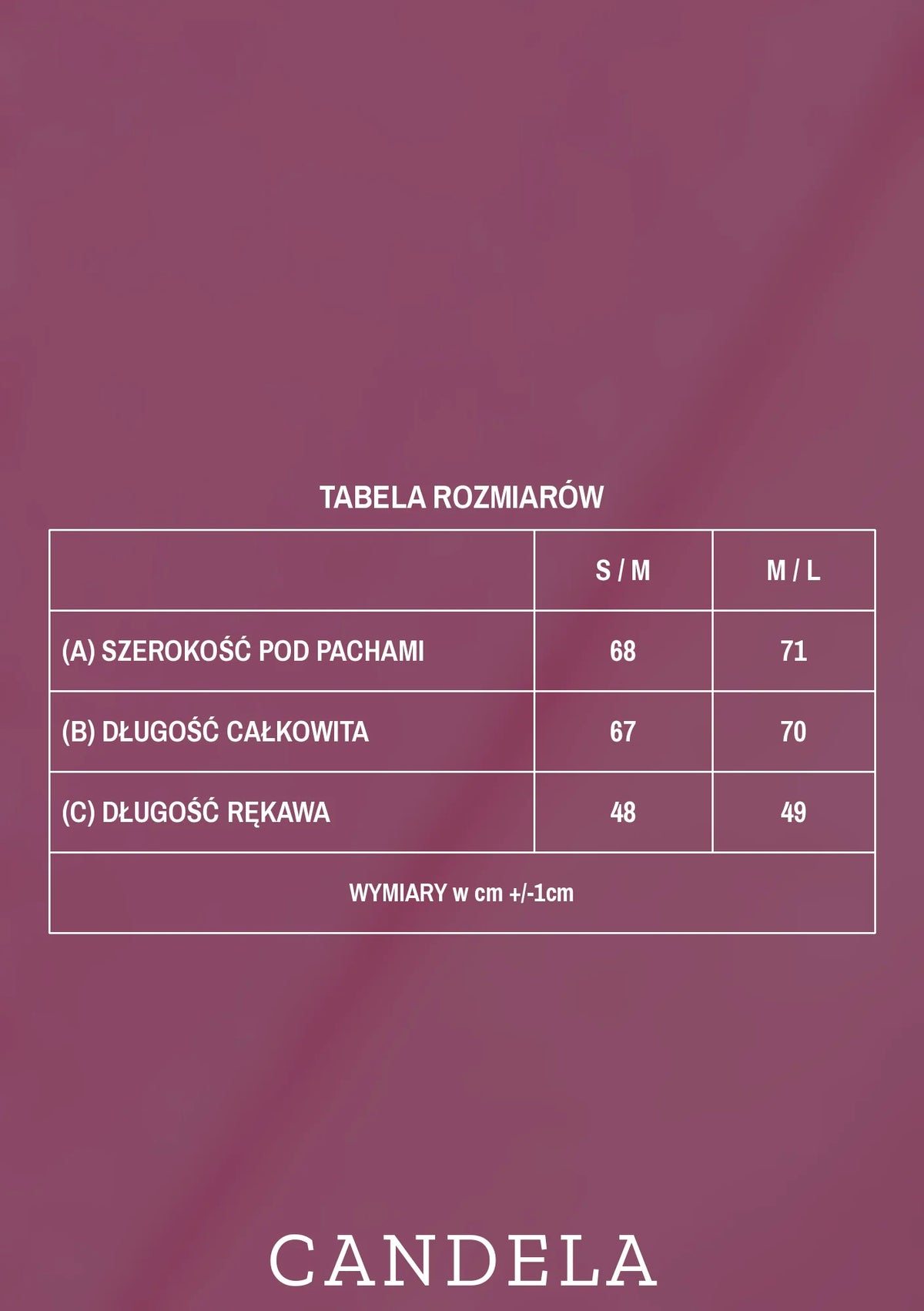Tabela rozmiarów różowej bluzy do karmienia Melanie No Plans – szerokość pod pachami, długość całkowita i długość rękawa dla rozmiarów S/M i M/L