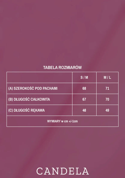 Tabela rozmiarów różowej bluzy do karmienia Melanie No Plans – szerokość pod pachami, długość całkowita i długość rękawa dla rozmiarów S/M i M/L