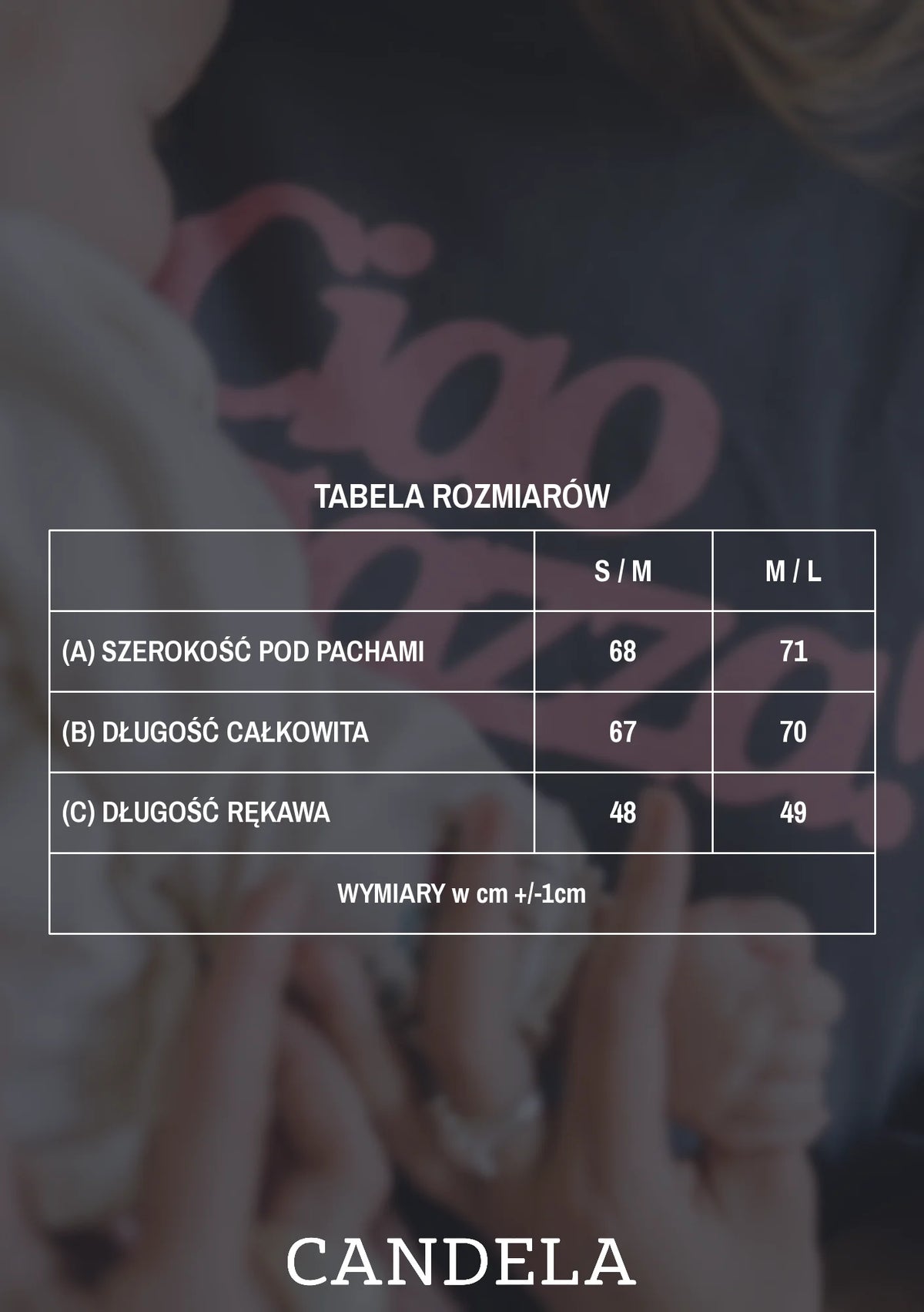 Tabela rozmiarów antracytowej bluzy  Melanie Ciao Ragazza – szerokość pod pachami, długość całkowita i długość rękawa dla rozmiarów S/M i M/L