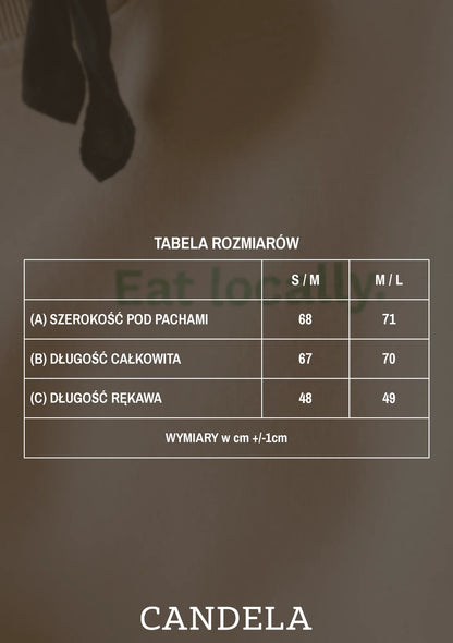 Tabela rozmiarów beżowej bluzy Melanie Eat Locally – szerokość pod pachami, długość całkowita i długość rękawa dla rozmiarów S/M i M/L