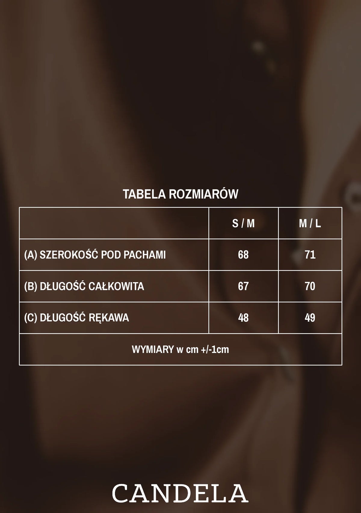 Tabela rozmiarów czekoladowej bluzy polo do karmienia – szerokość pod pachami, długość całkowita i długość rękawa dla rozmiarów S/M i M/L