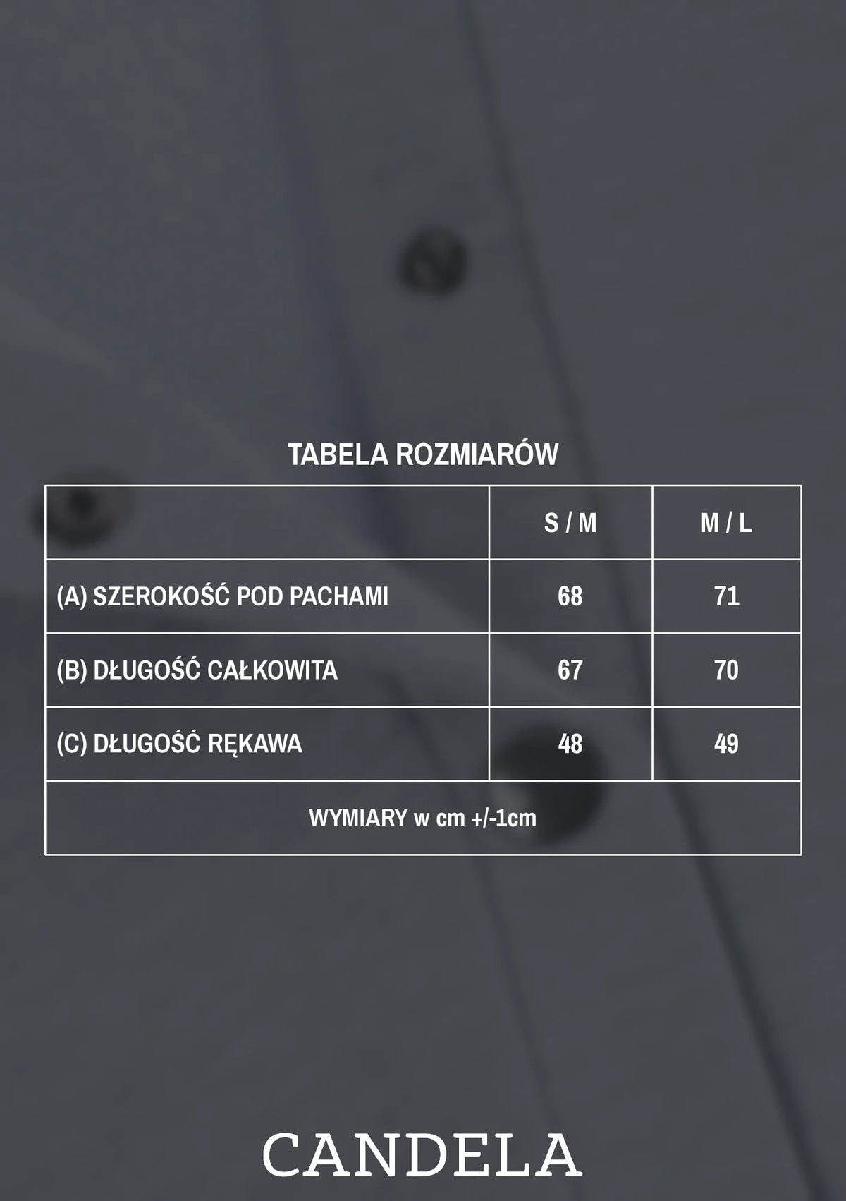 Tabela rozmiarów szarej bluzy polo do karmienia – szerokość pod pachami, długość całkowita i długość rękawa dla rozmiarów S/M i M/L