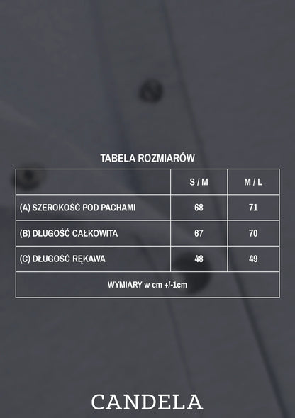 Tabela rozmiarów szarej bluzy polo do karmienia – szerokość pod pachami, długość całkowita i długość rękawa dla rozmiarów S/M i M/L