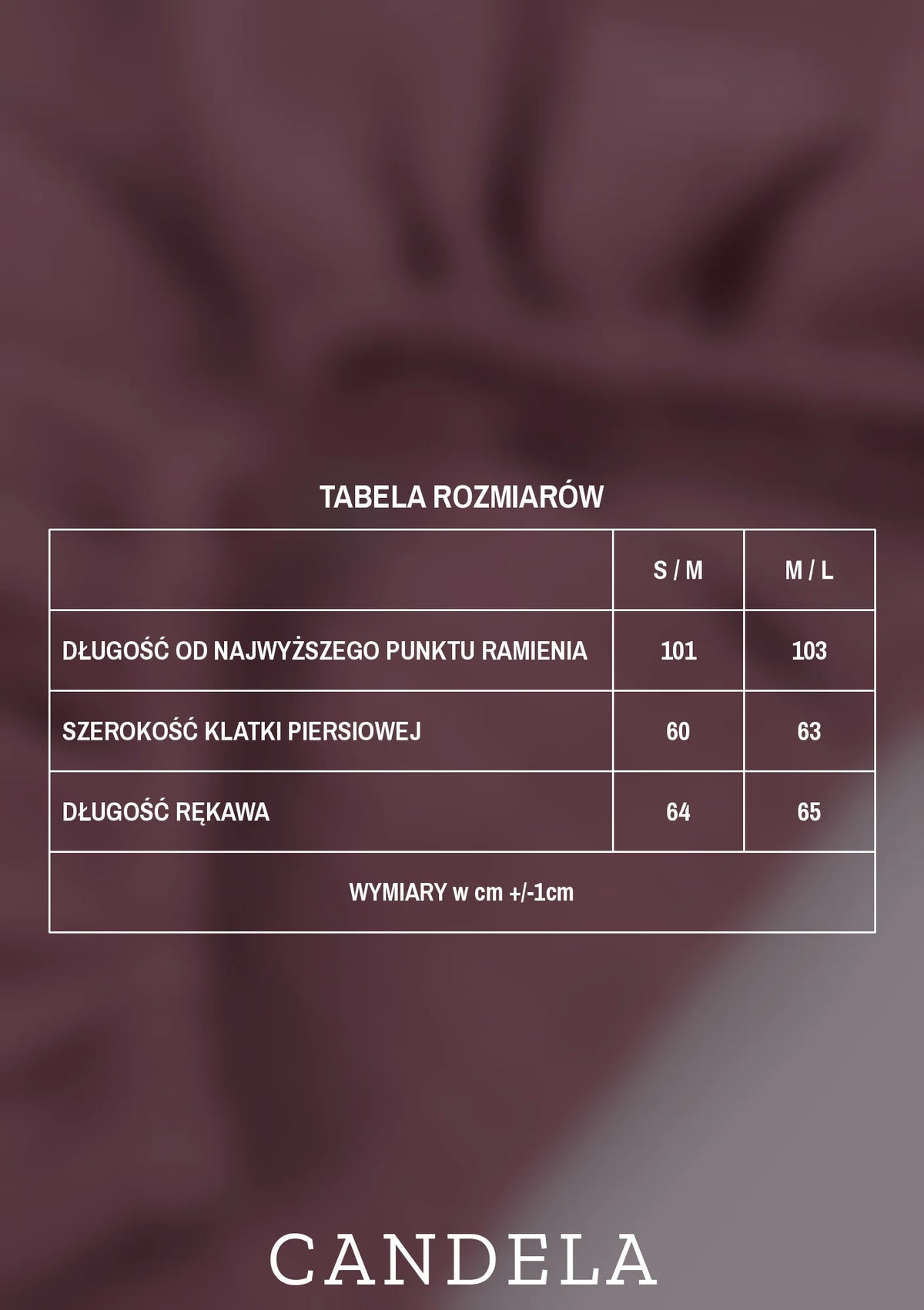 Tabela rozmiarów muślinowej koszuli do porodu i karmienia – długość, szerokość klatki piersiowej i długość rękawa dla rozmiarów S/M i M/L