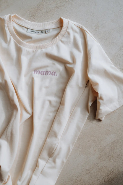 Kremowa koszulka do karmienia oversize z lawendowym napisem mama. i ukrytym zamkiem z boku, rozmiar S