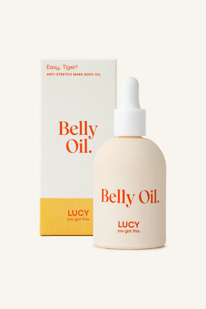 Olejek na rozstępy LUCY Belly Oil Easy, Tiger! w butelce z pipetą obok kartonowego opakowania