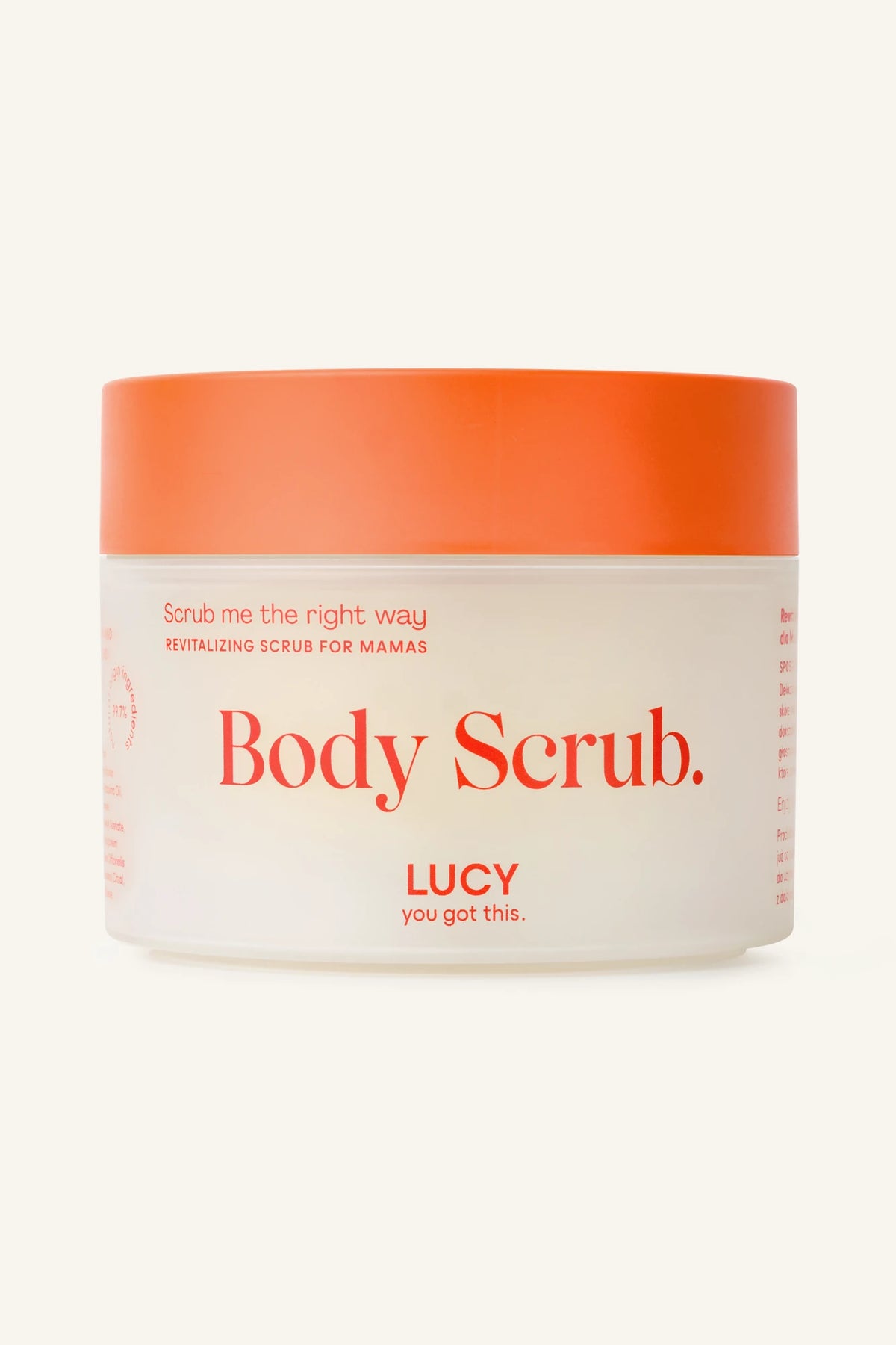 Peeling cukrowy do ciała LUCY Body Scrub w słoiczku 200 g z pomarańczową nakrętką