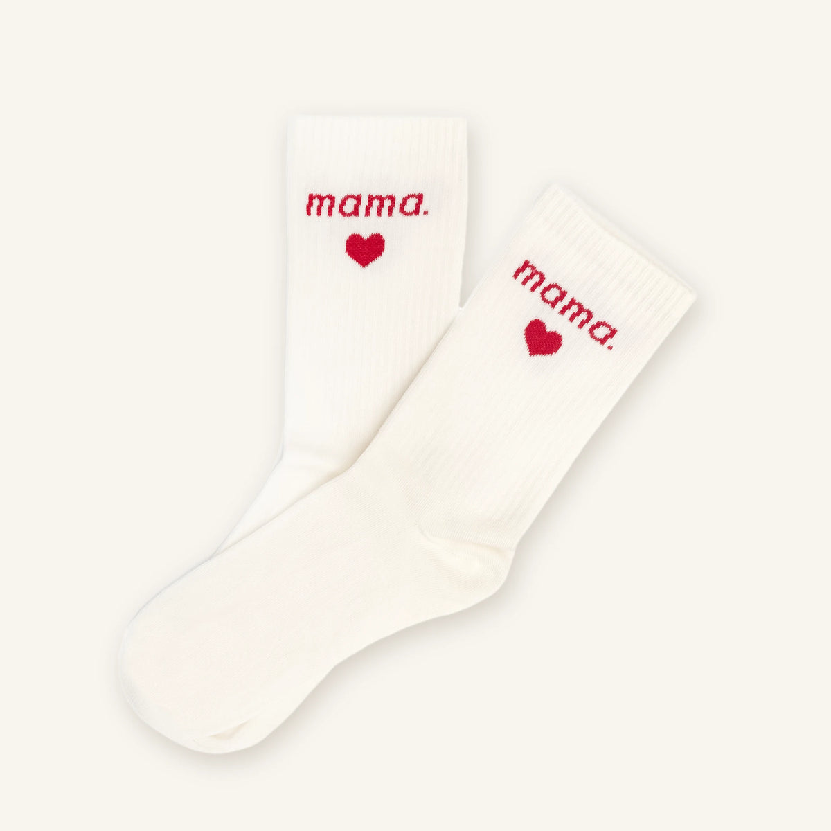 Para kremowych skarpetek damskich z wplecionym czerwonym napisem mama. i serduszkiem