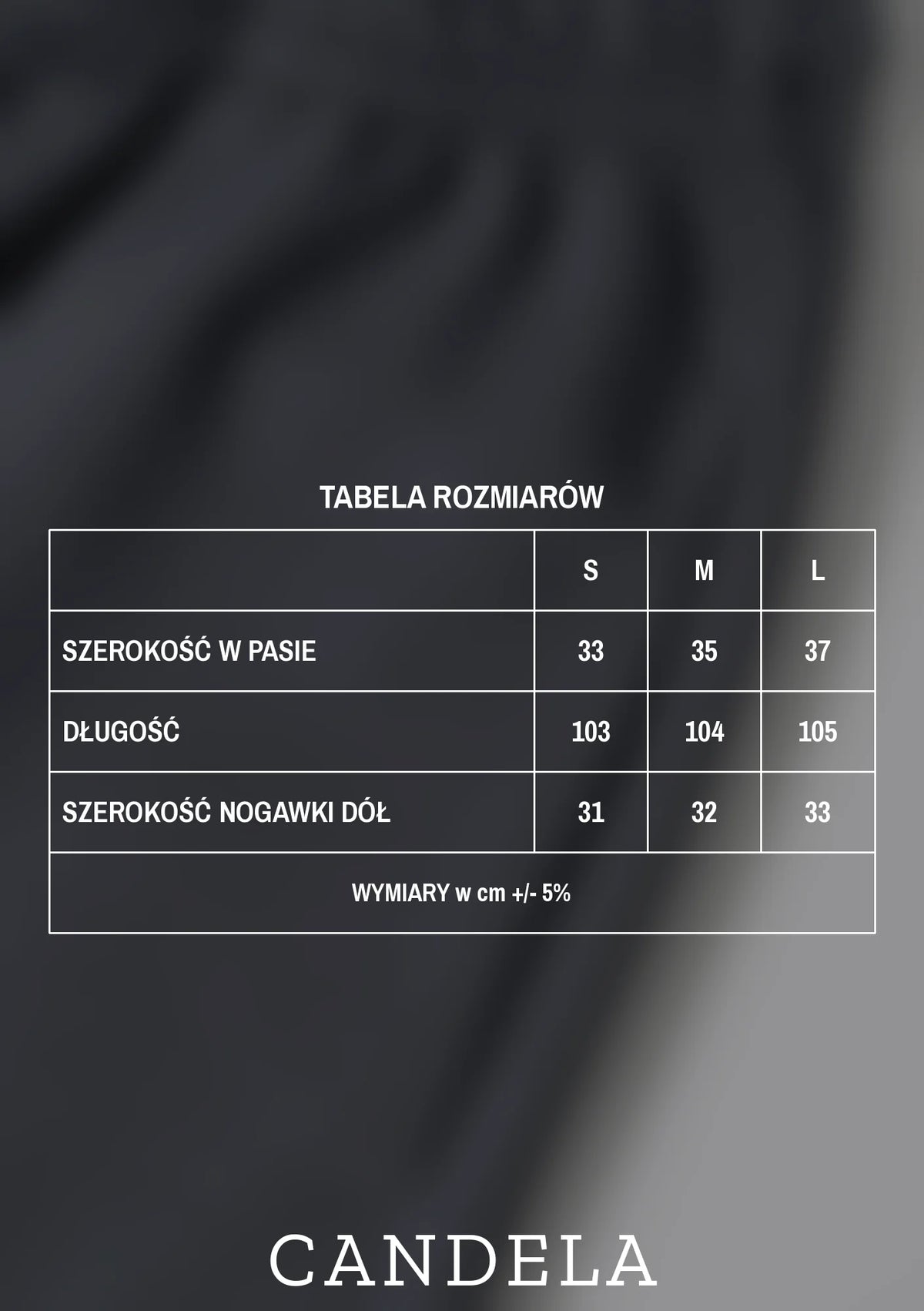 Tabela rozmiarów szerokich spodni dresowych antracytowych – szerokość w pasie, długość i szerokość nogawki dla rozmiarów S, M i L