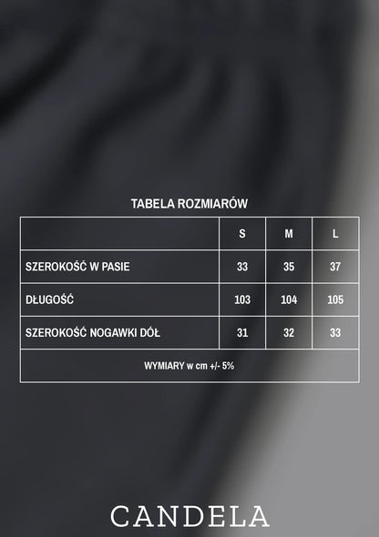 Tabela rozmiarów szerokich spodni dresowych antracytowych – szerokość w pasie, długość i szerokość nogawki dla rozmiarów S, M i L