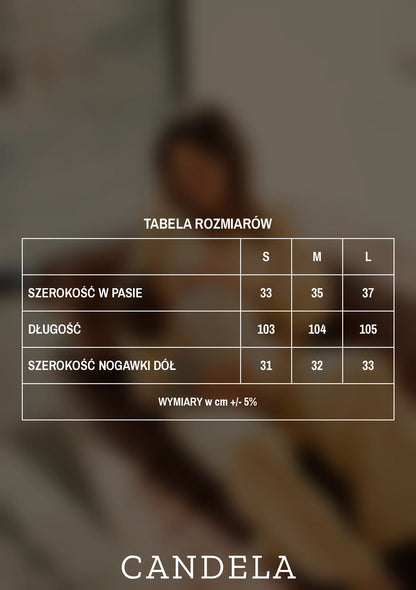 Tabela rozmiarów szerokich spodni dresowych bananowych – szerokość w pasie, długość i szerokość nogawki dla rozmiarów S, M i L
