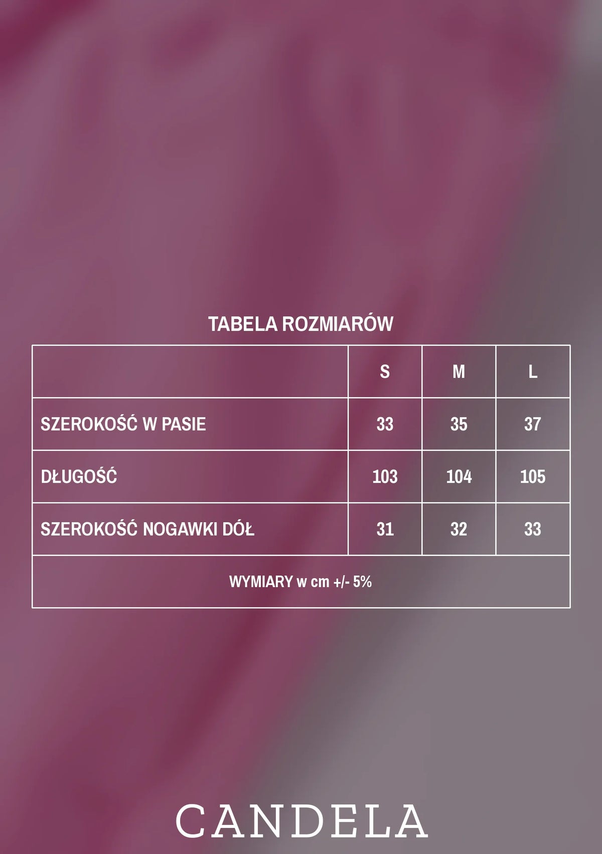 Tabela rozmiarów szerokich spodni dresowych różowych – szerokość w pasie, długość i szerokość nogawki dla rozmiarów S, M i L