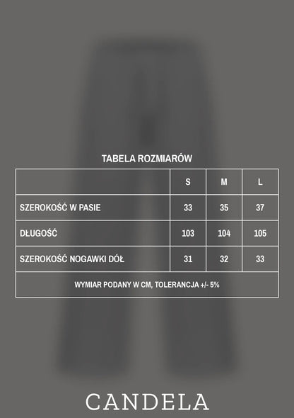 Tabela rozmiarów szerokich spodni dresowych damskich szary melanż CANDELA - rozmiary S, M, L