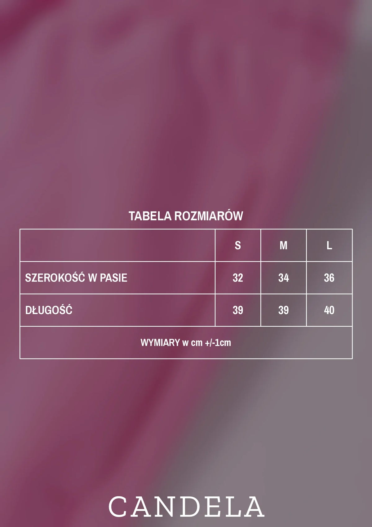 Tabela rozmiarów różowych szortów dresowych damskich - szerokość w pasie i długość dla rozmiarów S, M i L