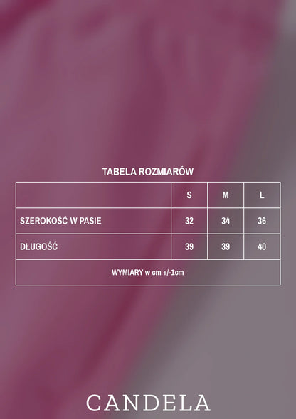 Tabela rozmiarów różowych szortów dresowych damskich - szerokość w pasie i długość dla rozmiarów S, M i L