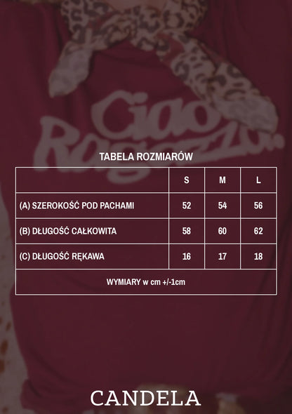 Tabela rozmiarów winnego t-shirtu damskiego Helen Ciao Ragazza – szerokość pod pachami, długość całkowita i długość rękawa dla rozmiarów S, M i L
