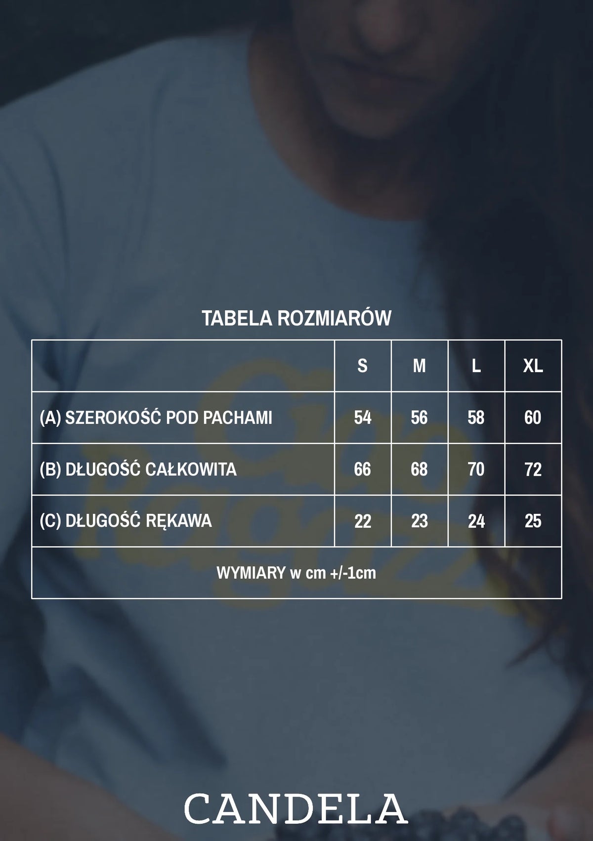 Tabela rozmiarów niebieskiego t-shirtu damskiego oversize Ciao Ragazza – szerokość pod pachami, długość całkowita i długość rękawa dla rozmiarów S, M, L i XL