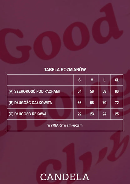 Tabela rozmiarów różowego t-shirtu damskiego oversize Good enough club – szerokość pod pachami, długość całkowita i długość rękawa dla rozmiarów S, M, L i XL