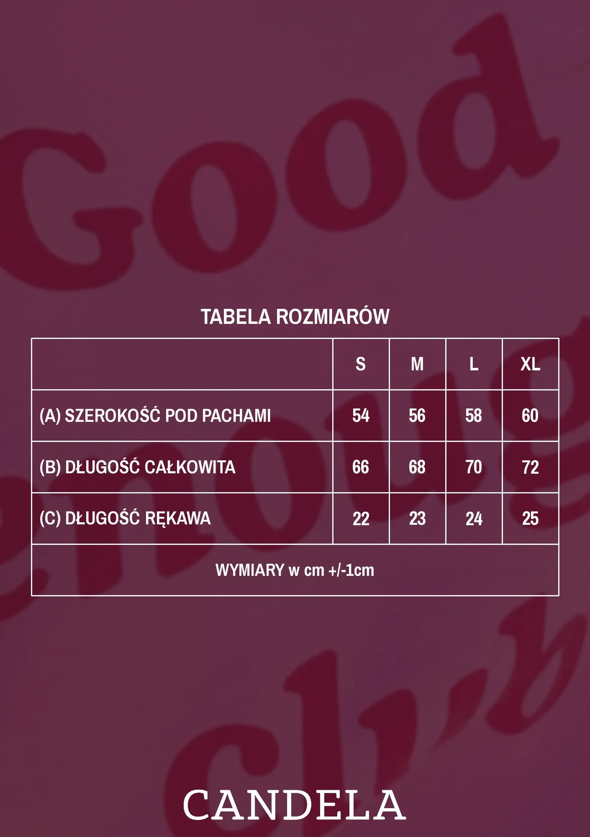 Tabela rozmiarów różowego t-shirtu damskiego oversize do karmienia piersią Good enough club – szerokość pod pachami, długość całkowita i długość rękawa dla rozmiarów S, M, L i XL