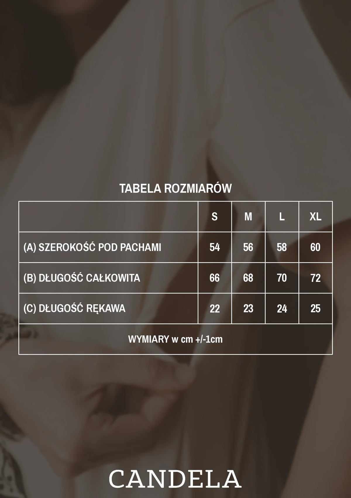 Tabela rozmiarów kokosowego t-shirtu do karmienia Helen – szerokość pod pachami, długość całkowita i długość rękawa dla rozmiarów S, M, L i XL