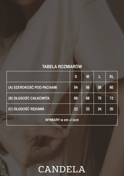 Tabela rozmiarów kokosowego t-shirtu do karmienia Helen – szerokość pod pachami, długość całkowita i długość rękawa dla rozmiarów S, M, L i XL