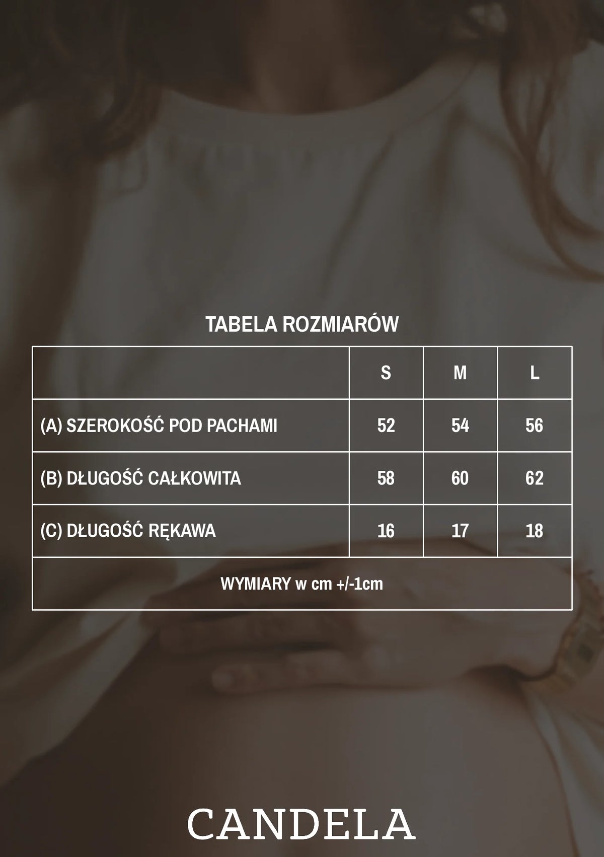 Tabela rozmiarów kokosowego t-shirtu damskiego Helen – szerokość pod pachami, długość całkowita i długość rękawa dla rozmiarów S, M i L