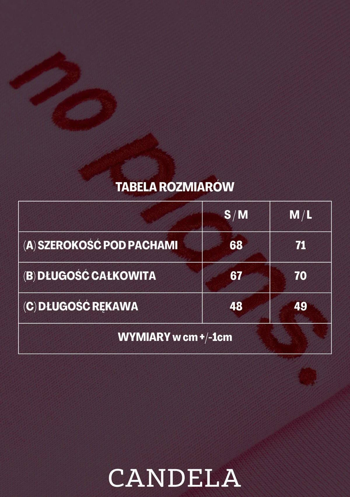 Tabela rozmiarowa  różowej bluzy dresowej typu crewneck z długim rękawem, z ukrytymi panelami ułatwiającymi karmienie i haftem "no plans.".